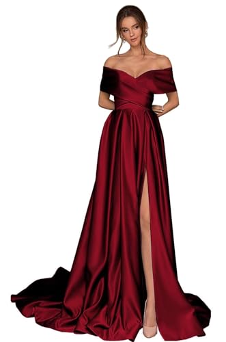 Infuness Damen Abschlusskleider Lang mit Taschen Off Shoulder Satin Ballkleider mit Korsett A-Linie Formelle Party Abendkleid von Infuness