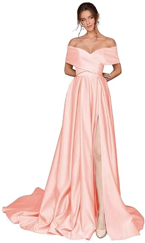 Infuness Damen Abschlusskleider Lang mit Taschen Off Shoulder Satin Ballkleider mit Korsett A-Linie Formelle Party Abendkleid von Infuness