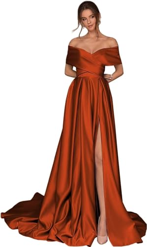 Damen Off Shoulder Satin Ballkleider mit Schlitz Lang A-Linie Korsett Formelle Party Abendkleid mit Taschen von Infuness