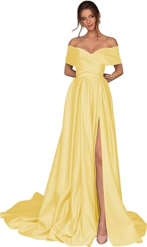 Infuness Damen Abschlusskleider Lang mit Taschen Off Shoulder Satin Ballkleider mit Korsett A-Linie Formelle Party Abendkleid von Infuness