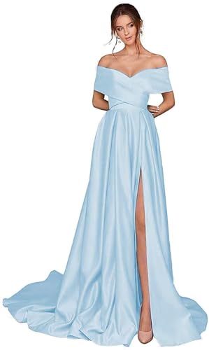 Infuness Damen Abschlusskleider Lang mit Taschen Off Shoulder Satin Ballkleider mit Korsett A-Linie Formelle Party Abendkleid von Infuness