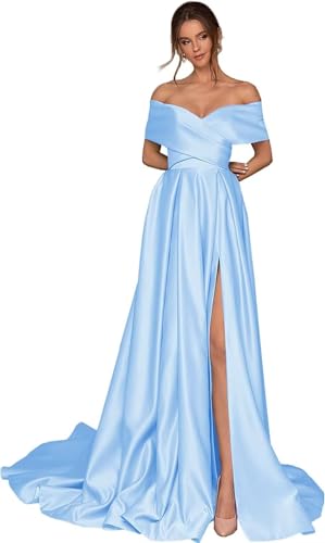 Infuness Damen Abschlusskleider Lang mit Taschen Off Shoulder Satin Ballkleider mit Korsett A-Linie Formelle Party Abendkleid von Infuness