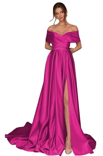 Infuness Damen Abschlusskleider Lang mit Taschen Off Shoulder Satin Ballkleider mit Korsett A-Linie Formelle Party Abendkleid von Infuness