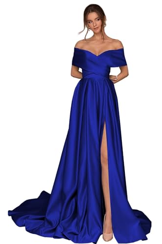 Damen Off Shoulder Satin Ballkleider mit Schlitz Lang A-Linie Korsett Formelle Party Abendkleid mit Taschen von Infuness