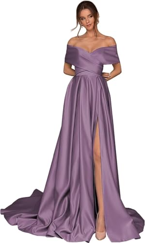 Infuness Damen Abschlusskleider Lang mit Taschen Off Shoulder Satin Ballkleider mit Korsett A-Linie Formelle Party Abendkleid von Infuness