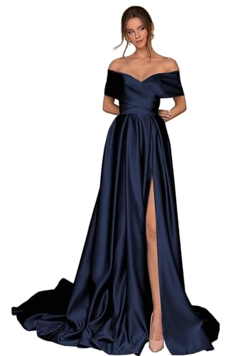 Damen Off Shoulder Satin Ballkleider mit Schlitz Lang A-Linie Korsett Formelle Party Abendkleid mit Taschen von Infuness