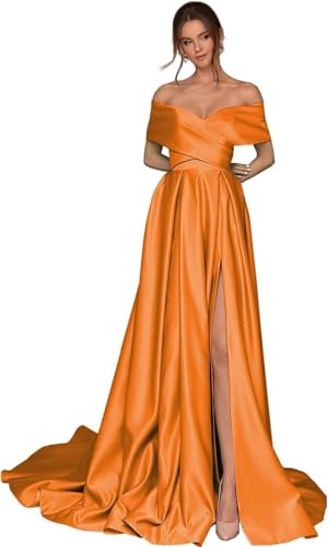 Damen Off Shoulder Satin Ballkleider mit Schlitz Lang A-Linie Korsett Formelle Party Abendkleid mit Taschen von Infuness