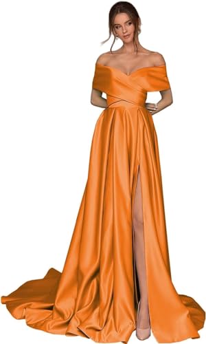 Damen Off Shoulder Satin Ballkleider mit Schlitz Lang A-Linie Korsett Formelle Party Abendkleid mit Taschen Damen Off Shoulder Satin Ballkleider mit Schlitz Lang A-Linie Korsett Formelle Party Abendkleid mit Taschen von Infuness