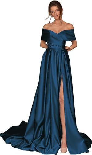 Infuness Damen Abschlusskleider Lang mit Taschen Off Shoulder Satin Ballkleider mit Korsett A-Linie Formelle Party Abendkleid von Infuness