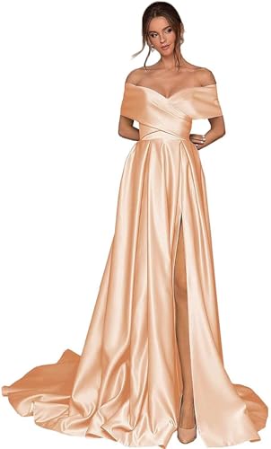 Infuness Damen Abschlusskleider Lang mit Taschen Off Shoulder Satin Ballkleider mit Korsett A-Linie Formelle Party Abendkleid von Infuness
