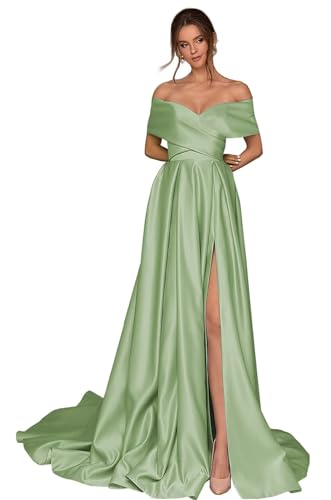 Damen Off Shoulder Satin Ballkleider mit Schlitz Lang A-Linie Korsett Formelle Party Abendkleid mit Taschen von Infuness