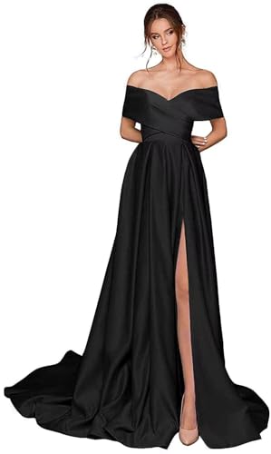 Infuness Damen Abschlusskleider Lang mit Taschen Off Shoulder Satin Ballkleider mit Korsett A-Linie Formelle Party Abendkleid von Infuness