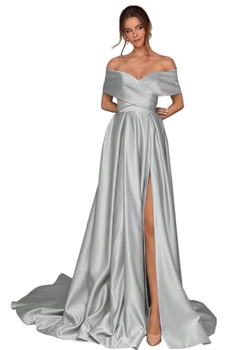 Infuness Damen Abschlusskleider Lang mit Taschen Off Shoulder Satin Ballkleider mit Korsett A-Linie Formelle Party Abendkleid von Infuness