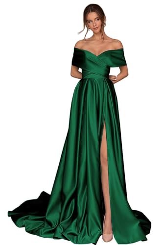Infuness Damen Abschlusskleider Lang mit Taschen Off Shoulder Satin Ballkleider mit Korsett A-Linie Formelle Party Abendkleid von Infuness
