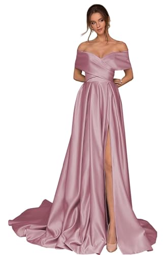 Damen Off Shoulder Satin Ballkleider mit Schlitz Lang A-Linie Korsett Formelle Party Abendkleid mit Taschen Damen Off Shoulder Satin Ballkleider mit Schlitz Lang A-Linie Korsett Formelle Party Abendkleid mit Taschen von Infuness