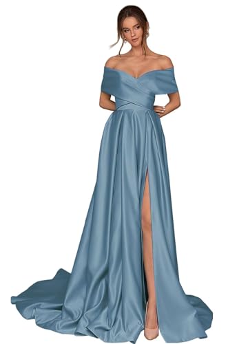 Infuness Damen Abschlusskleider Lang mit Taschen Off Shoulder Satin Ballkleider mit Korsett A-Linie Formelle Party Abendkleid von Infuness