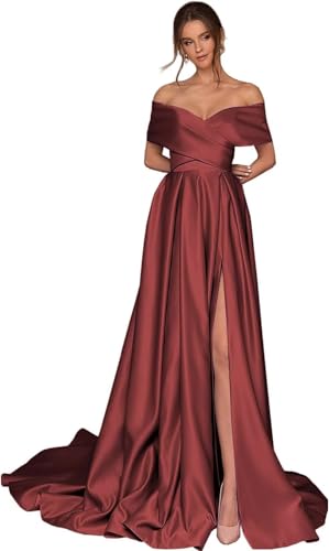 Infuness Damen Abschlusskleider Lang mit Taschen Off Shoulder Satin Ballkleider mit Korsett A-Linie Formelle Party Abendkleid von Infuness
