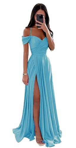 Damen Off Shoulder Satin Brautjungfernkleider Lange Spaghettiträgern Ballkleid A-Linie Formelles Abendkleid mit Schlitz von Infuness