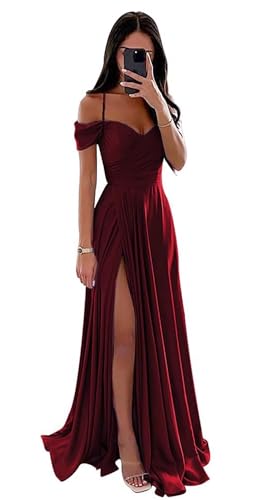 Damen Off Shoulder Satin Brautjungfernkleider Lange Spaghettiträgern Ballkleid A-Linie Formelles Abendkleid mit Schlitz von Infuness