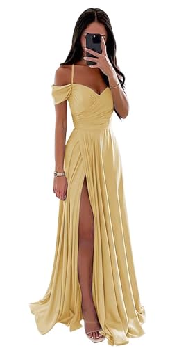Damen Off Shoulder Satin Brautjungfernkleider Lange Spaghettiträgern Ballkleid A-Linie Formelles Abendkleid mit Schlitz von Infuness