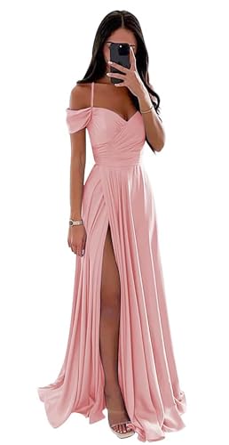 Damen Off Shoulder Satin Brautjungfernkleider Lange Spaghettiträgern Ballkleid A-Linie Formelles Abendkleid mit Schlitz von Infuness