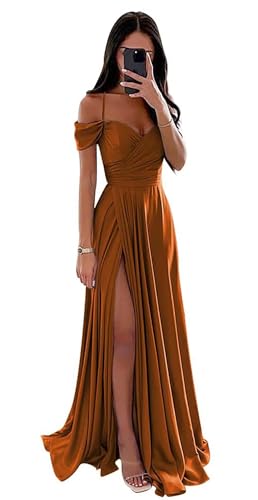 Damen Off Shoulder Satin Brautjungfernkleider Lange Spaghettiträgern Ballkleid A-Linie Formelles Abendkleid mit Schlitz von Infuness