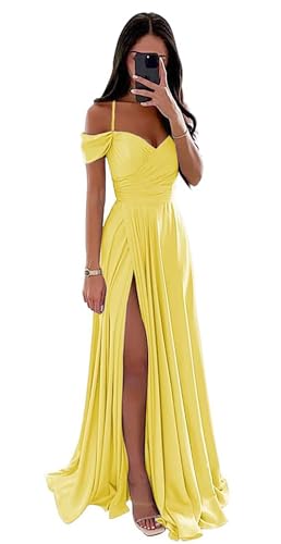 Damen Off Shoulder Satin Brautjungfernkleider Lange Spaghettiträgern Ballkleid A-Linie Formelles Abendkleid mit Schlitz Damen Off Shoulder Satin Brautjungfernkleider Lange Spaghettiträgern Ballkleid A-Linie Formelles Abendkleid mit Schlitz von Infuness