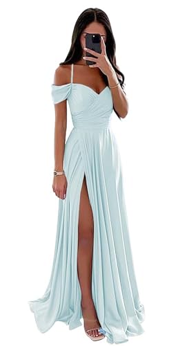 Damen Off Shoulder Satin Brautjungfernkleider Lange Spaghettiträgern Ballkleid A-Linie Formelles Abendkleid mit Schlitz von Infuness