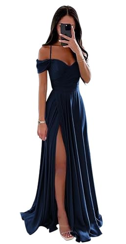 Damen Off Shoulder Satin Brautjungfernkleider Lange Spaghettiträgern Ballkleid A-Linie Formelles Abendkleid mit Schlitz Damen Off Shoulder Satin Brautjungfernkleider Lange Spaghettiträgern Ballkleid A-Linie Formelles Abendkleid mit Schlitz von Infuness