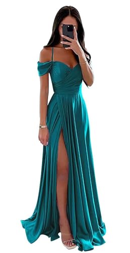 Damen Off Shoulder Satin Brautjungfernkleider Lange Spaghettiträgern Ballkleid A-Linie Formelles Abendkleid mit Schlitz von Infuness