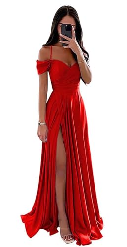 Damen Off Shoulder Satin Brautjungfernkleider Lange Spaghettiträgern Ballkleid A-Linie Formelles Abendkleid mit Schlitz Damen Off Shoulder Satin Brautjungfernkleider Lange Spaghettiträgern Ballkleid A-Linie Formelles Abendkleid mit Schlitz von Infuness