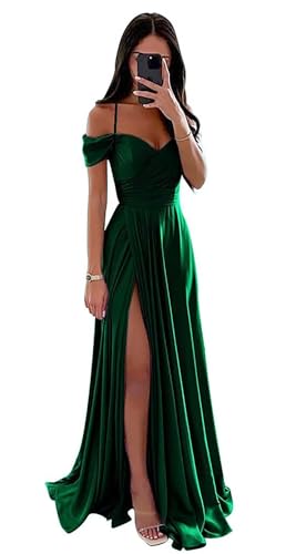 Damen Off Shoulder Satin Brautjungfernkleider Lange Spaghettiträgern Ballkleid A-Linie Formelles Abendkleid mit Schlitz Damen Off Shoulder Satin Brautjungfernkleider Lange Spaghettiträgern Ballkleid A-Linie Formelles Abendkleid mit Schlitz von Infuness