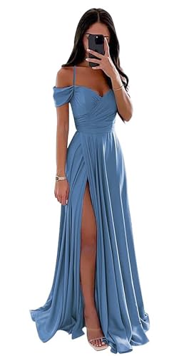 Damen Off Shoulder Satin Brautjungfernkleider Lange Spaghettiträgern Ballkleid A-Linie Formelles Abendkleid mit Schlitz von Infuness