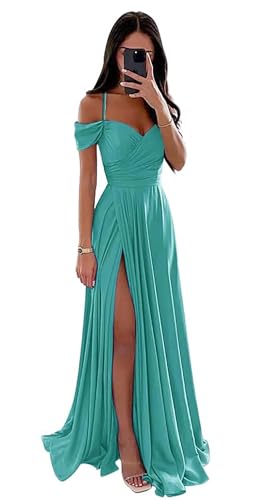 Damen Off Shoulder Satin Brautjungfernkleider Lange Spaghettiträgern Ballkleid A-Linie Formelles Abendkleid mit Schlitz von Infuness