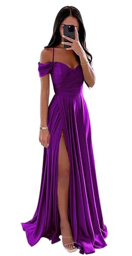 Damen Off Shoulder Satin Brautjungfernkleider Lange Spaghettiträgern Ballkleid A-Linie Formelles Abendkleid mit Schlitz von Infuness