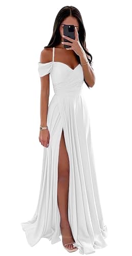Damen Off Shoulder Satin Brautjungfernkleider Lange Spaghettiträgern Ballkleid A-Linie Formelles Abendkleid mit Schlitz Damen Off Shoulder Satin Brautjungfernkleider Lange Spaghettiträgern Ballkleid A-Linie Formelles Abendkleid mit Schlitz von Infuness