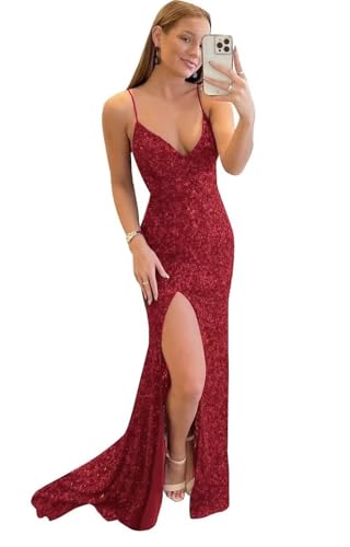 Damen Pailletten Meerjungfrau Abendkleid Spaghetti-TräGer Seitenschlitz Kleid Glitter V-Ausschnitt Ballkleid von Infuness