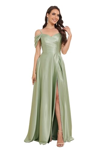 Damen Satin Ballkleider Lang Off Shoulder Abendkleider Elegant für Hochzeit Spaghettiträgern A-Linie Abschlusskleid Abiballkleid mit Schlitz von Infuness