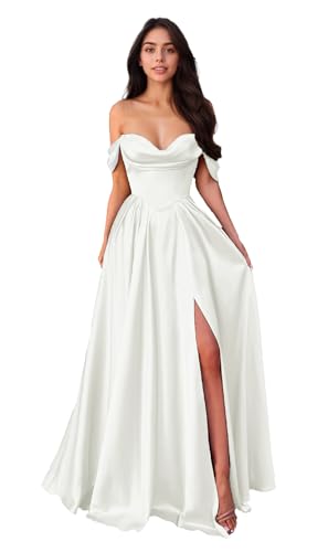 Damen Satin Ballkleider Schulterfrei Lang Abendkleid mit Schlitz A-Linie Brautjungfernkleider Abschlusskleider von Infuness