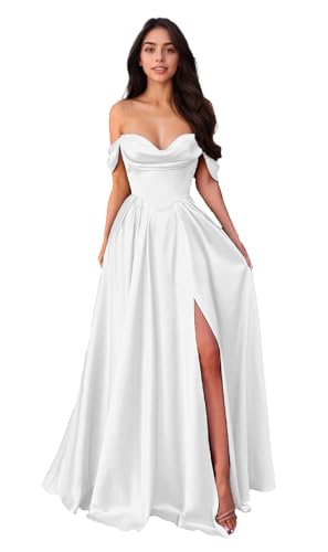 Damen Satin Ballkleider Schulterfrei Lang Abendkleid mit Schlitz A-Linie Brautjungfernkleider Abschlusskleider von Infuness