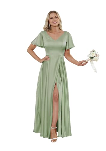 Damen Satin Brautjungfernkleider V-Ausschnitt Rüschenärmel Abendkleider mit Schlitz A-Linie Partykleider Ballkleid Lange von Infuness