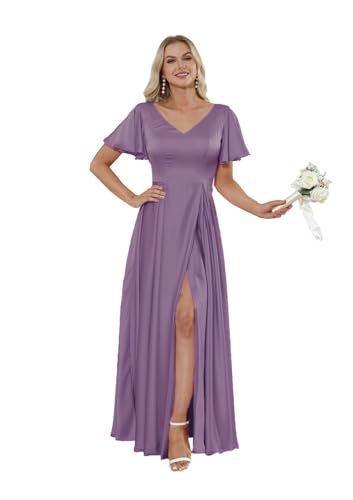 Damen Satin Brautjungfernkleider V-Ausschnitt Rüschenärmel Abendkleider mit Schlitz A-Linie Partykleider Ballkleid Lange von Infuness