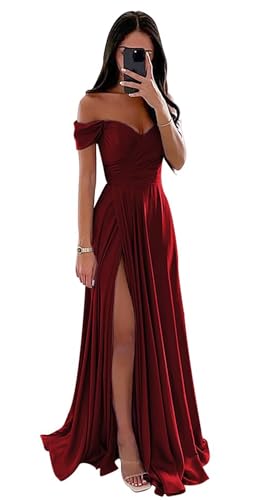Damen Satin Schulterfreie Brautjungfernkleider A-Linie Elegant Formal Abendkleid Langer Schlitz Hochzeit Partei Kleid von Infuness