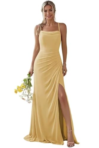 Damen Spaghetti-Träger Abendkleid A-Linie Chiffon Off Shoulder Brautjungfernkleid Elegant Lange Partykleider von Infuness
