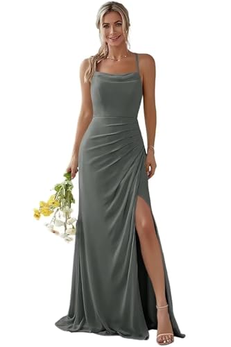 Damen Spaghetti-Träger Abendkleid A-Linie Chiffon Off Shoulder Brautjungfernkleid Elegant Lange Partykleider von Infuness