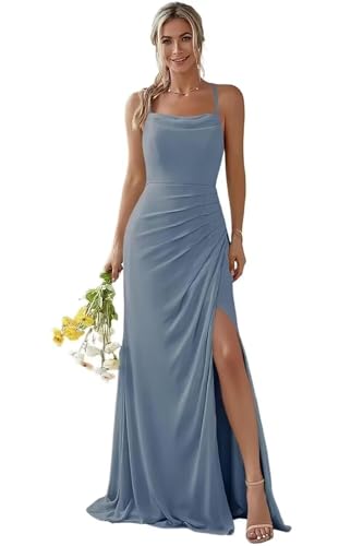 Damen Spaghetti-Träger Abendkleid A-Linie Chiffon Off Shoulder Brautjungfernkleid Elegant Lange Partykleider von Infuness