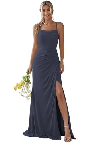 Damen Spaghetti-Träger Abendkleid A-Linie Chiffon Off Shoulder Brautjungfernkleid Elegant Lange Partykleider von Infuness