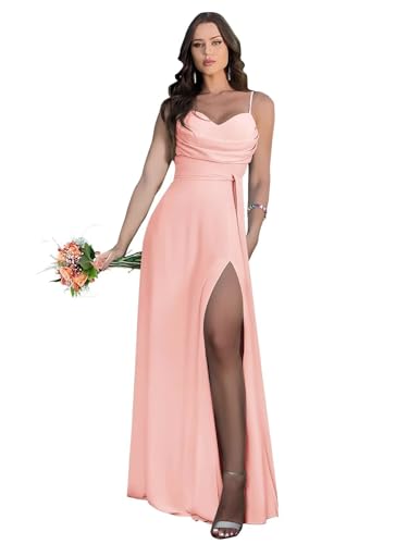 Damen Spaghetti-Träger Chiffon Brautjungfer Kleid lang mit Wasserfallausschnitt A-Linie Plissiert Ballkleider mit Schlitz von Infuness