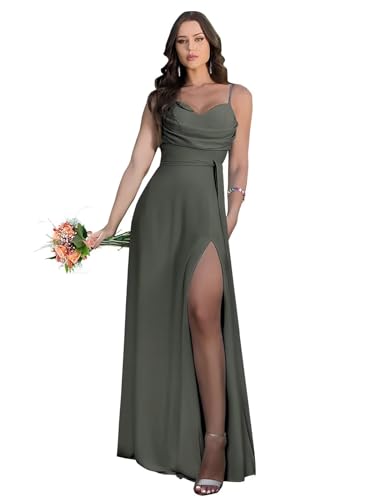 Damen Spaghetti-Träger Chiffon Brautjungfer Kleid lang mit Wasserfallausschnitt A-Linie Plissiert Ballkleider mit Schlitz von Infuness