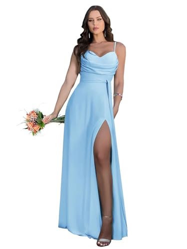 Damen Spaghetti-Träger Chiffon Brautjungfer Kleid lang mit Wasserfallausschnitt A-Linie Plissiert Ballkleider mit Schlitz Damen Spaghetti-Träger Chiffon Brautjungfer Kleid lang mit Wasserfallausschnitt A-Linie Plissiert Ballkleider mit Schlitz von Infuness